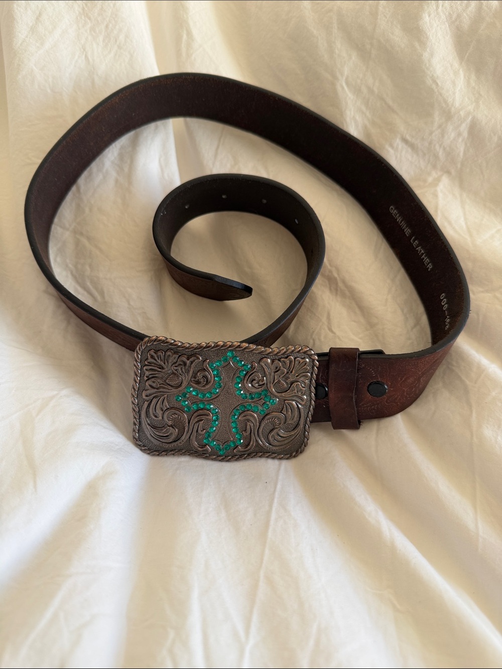 Brown Leather Belt with Turquoise Cross Accent Buckle